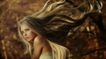 Fototapeta premium Young woman with long flowing hair in autumn woods.