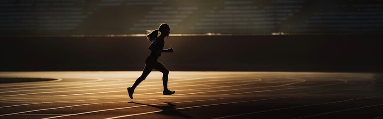 A girl is running on the track, with a dark background and light shining from above The camera focuses on her silhouette as she runs across an empty stadium field. Young woman running.