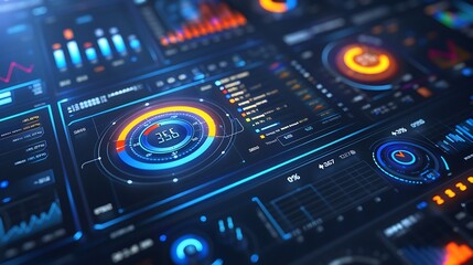 High-tech dashboard with rotating 3D graphs 