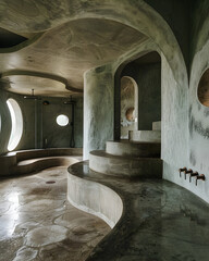 Spacious bathroom with concrete walls, round and organic shapes, minimal, minimalcore, bali, summer, peaceful. 3d render.