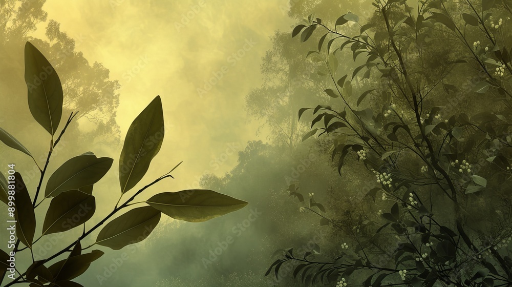 Poster dense green foliage in a forest with soft morning mist creating a mystical and tranquil atmosphere. 