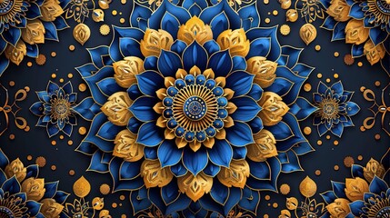 Luxury mandala pattern background featuring intricate golden floral motifs on blue