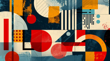 Abstract retro geometric background with varied shapes and textures, creating an artistic composition in the style of vector style