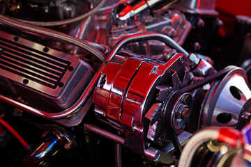 beautiful old red and chrome car engine