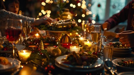 Family gathered around a festive Christmas dinner table with holiday decorations.