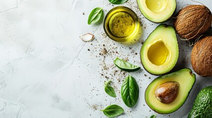Coconut oil and avocado toast, white backdrop, space for text, trendy recipe