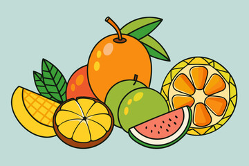 easy line art of different fruits Orange, mango, jackfruit, and others vector illustration 