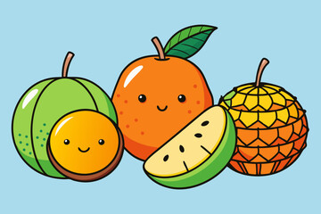 easy line art of different fruits Orange, mango, jackfruit, and others vector illustration 
