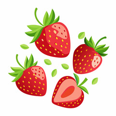 Strawberries Falling strawberry fruits whole and cut isolated on white background