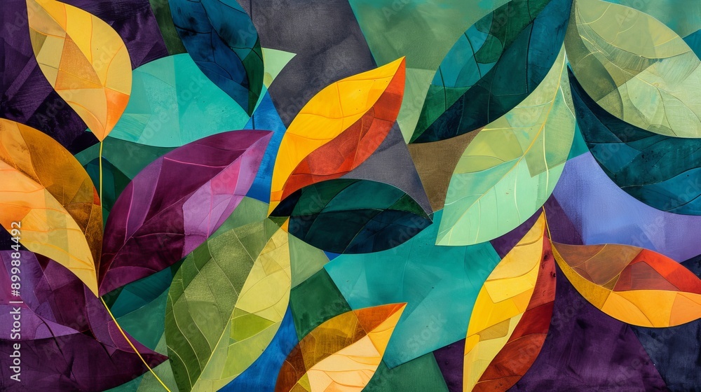 Poster an eye-catching abstract illustration showcasing a colorful leaf pattern with geometric shapes. the 