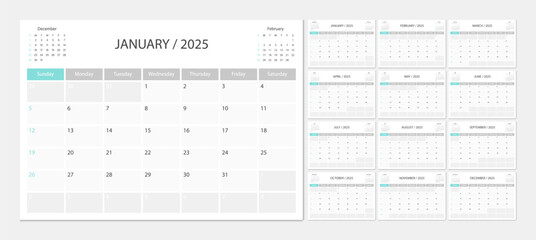Calendar 2025 week start Sunday corporate design planner template.