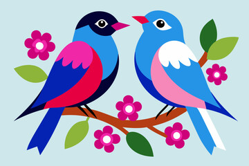 Fototapeta premium Two colorful birds sitting on a branch with pink flower vector illustration