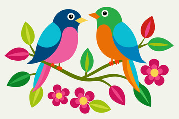 Two colorful birds sitting on a branch with pink flower vector illustration