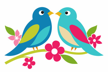 Two colorful birds sitting on a branch with pink flower vector illustration