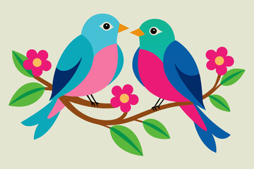 Two colorful birds sitting on a branch with pink flower vector illustration