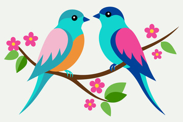 Two colorful birds sitting on a branch with pink flower vector illustration