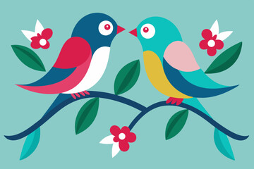 Two colorful birds sitting on a branch with pink flower vector illustration