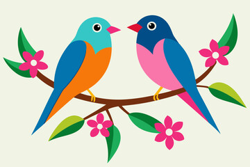Two colorful birds sitting on a branch with pink flower vector illustration