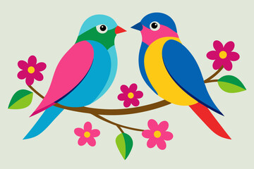 Two colorful birds sitting on a branch with pink flower vector illustration