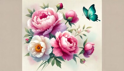 Watercolor Peony Bouquet with butterfly