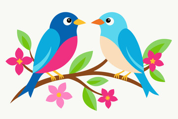 Two colorful birds sitting on a branch with pink flower vector illustration