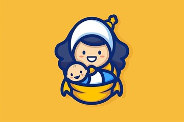 Naklejka premium Artistic Mother and Child with Heart Symbol in Blue and Yellow Colors