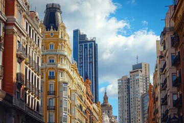 Fototapeta premium A bustling city street lined with towering buildings creates an impressive urban skyline, Old and new skyscrapers blending harmoniously in a historic city, AI Generated