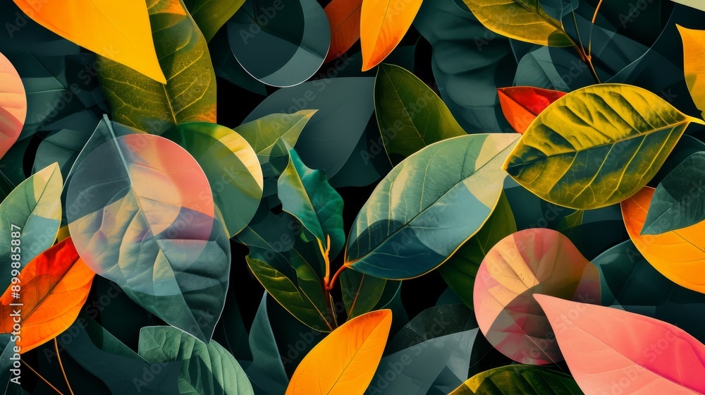 Poster a captivating abstract artwork featuring a colorful leaf pattern with bold overlapping elements. the