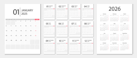 Calendar 2025, calendar 2026 week start Sunday corporate design template vector. Desk calendar 2025.