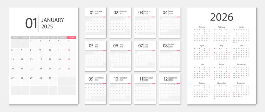 Calendar 2025, calendar 2026 week start Sunday corporate design template vector. Desk calendar 2025.