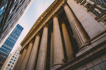 A tall building with numerous pillars standing in front, creating a grand and imposing presence, Old-fashioned skyscrapers sporting neo-classical columns and arches, AI Generated