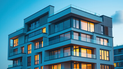 Modern apartment building with illuminated windows at dusk.