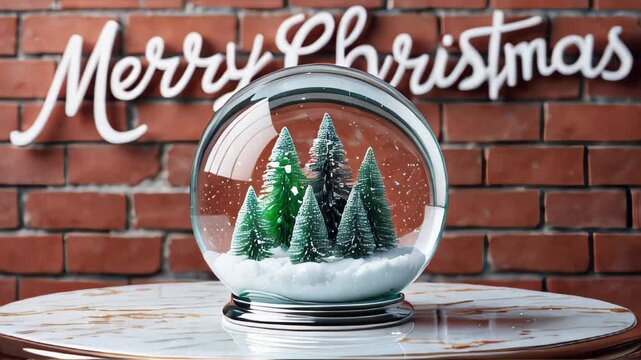 Crystal ball with snow and pine trees inside on marble table, brick wall background with the words merry christmas, christmas and celebration concept.
