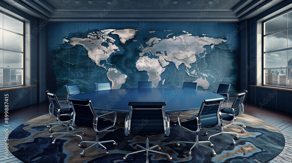 Wall mural an empty meeting room with a round table decorated with a world map, surrounded by chairs. this is a