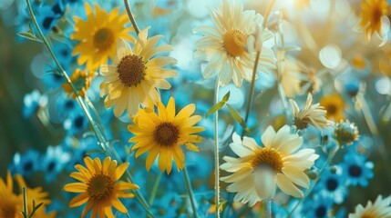 Wildflowers in bright blue and yellow setting in top view for postcard or banner