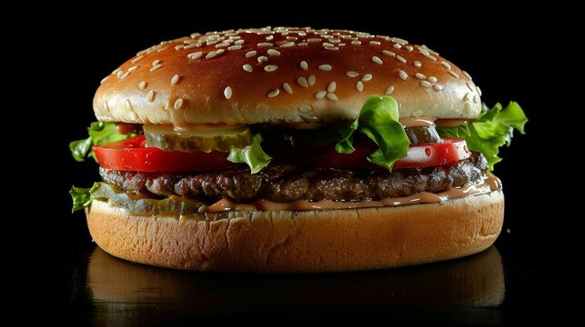 A tasty burger with black background. Burger for hungry people. This buger is commercial specific for resturant. 