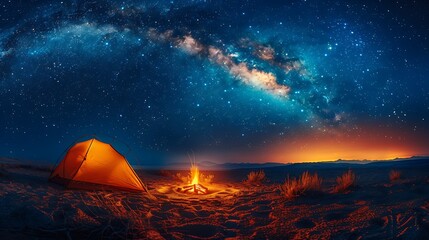 A cozy camping scene with a tent illuminated by the campfire, under a breathtaking starry night sky, with the Milky Way arching overhead.