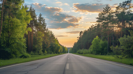 Obraz premium The main asphalt road that stretches towards the horizon, surrounded by green forest, in the glow of the setting sun. 