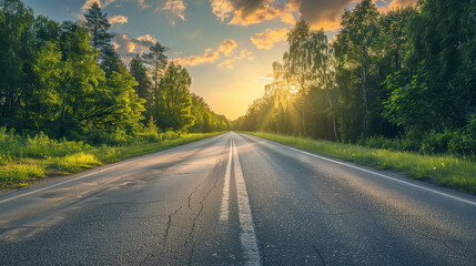 Fototapeta premium The main asphalt road that stretches towards the horizon, surrounded by green forest, in the glow of the setting sun. 