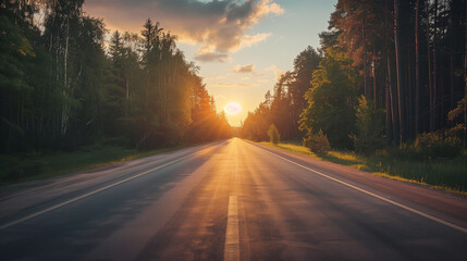 Fototapeta premium The main asphalt road that stretches towards the horizon, surrounded by green forest, in the glow of the setting sun. 