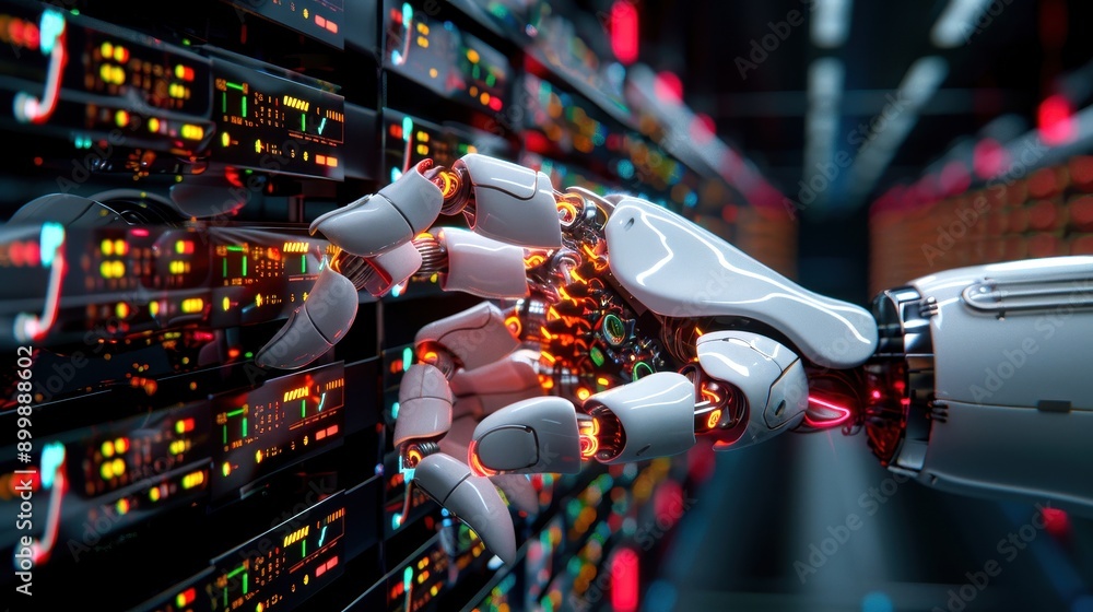 Poster robotic hand interacting with a server rack in a data center, symbolizing futuristic technology, art