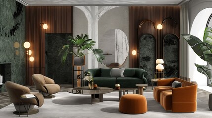 An elegant contemporary living room showcasing a sophisticated design with green and orange accent furniture. The combination of modern decor, plush seating, and unique architectural elements creates