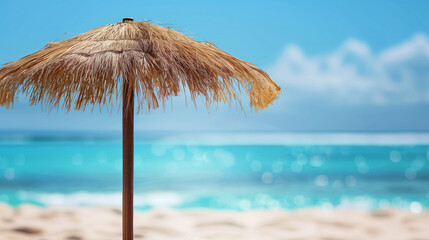 A coconut straw umbrella set on the beach where the sand meets the ocean, with a blurry blue sky in the background. The exotic view of a tropical island creates the perfect setting for a summer vacati