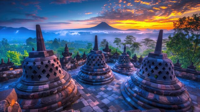 Borobudur temple in Java, Indonesia sunrise AI generated