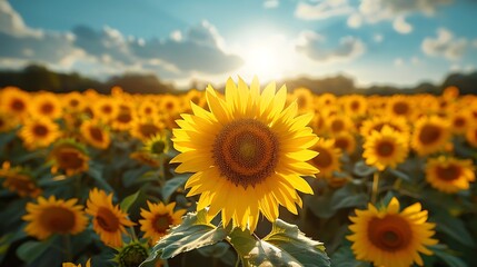 Fototapeta premium A dynamic shot of a sunflower field swaying in the wind under a clear blue sky, capturing the movement and energy of the vibrant yellow flowers.