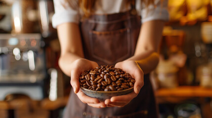 Close-up of a young woman holding coffee beans in her hands. A barista in an apron, working in a coffee shop, prepares morning coffee for guests.
