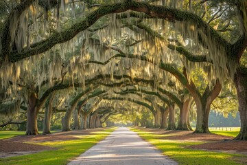 Obraz premium A straight road flanked by tall trees draped in Spanish moss, Ornate tree alley with Spanish moss in a southern park, AI Generated