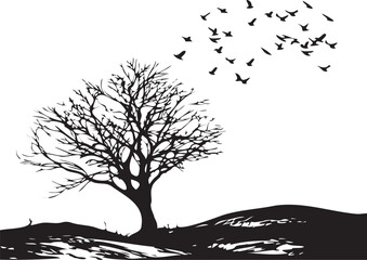 Birds flying on Mountain tree black silhouette