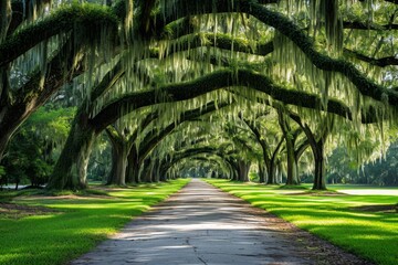 Obraz premium A road flanked by trees covered in vibrant green moss creates a unique and captivating landscape, Ornate tree alley with Spanish moss in a southern park, AI Generated