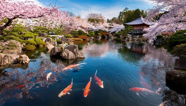 Un jard&iacute;n japon&eacute;s en flor, con cerezos en flor y estanques con carpas